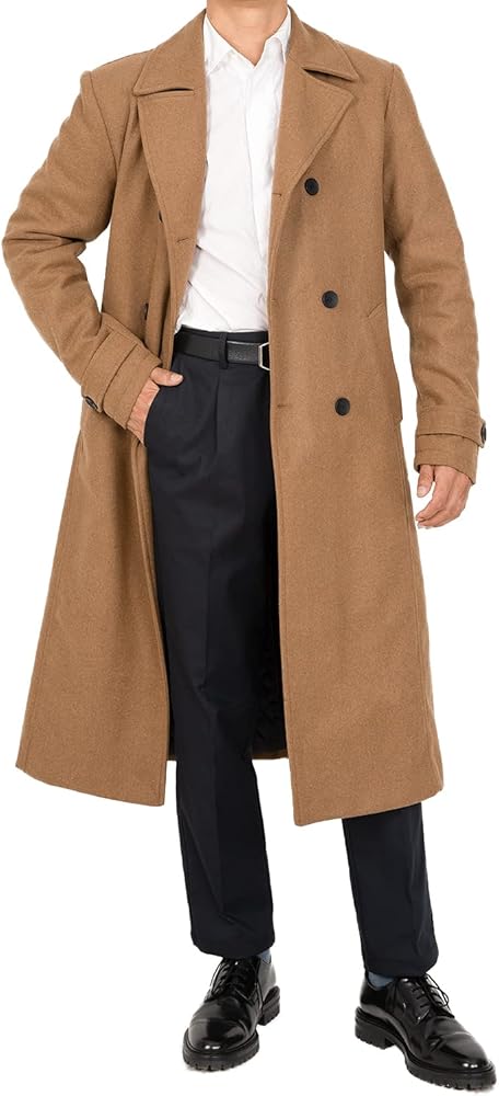 Men's Long Wool Blend Coat Double Breasted Trench Pea Coat Winter Wool Overcoat Top Coat