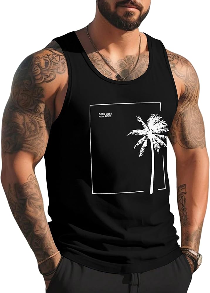 Mens Tank Tops Summer Beach Vacation Sleeveless Shirts Casual Palm Graphic Muscle Gym Workout Tank Top