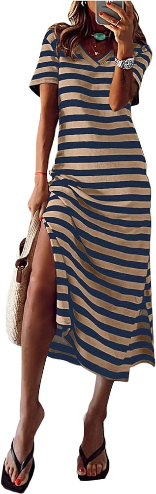 MARZXIN Women 2024 Casual Maxi Dress Short Sleeve V Neck Stripe Sundress Split Loose Long Summer Beach T Shirt Dresses