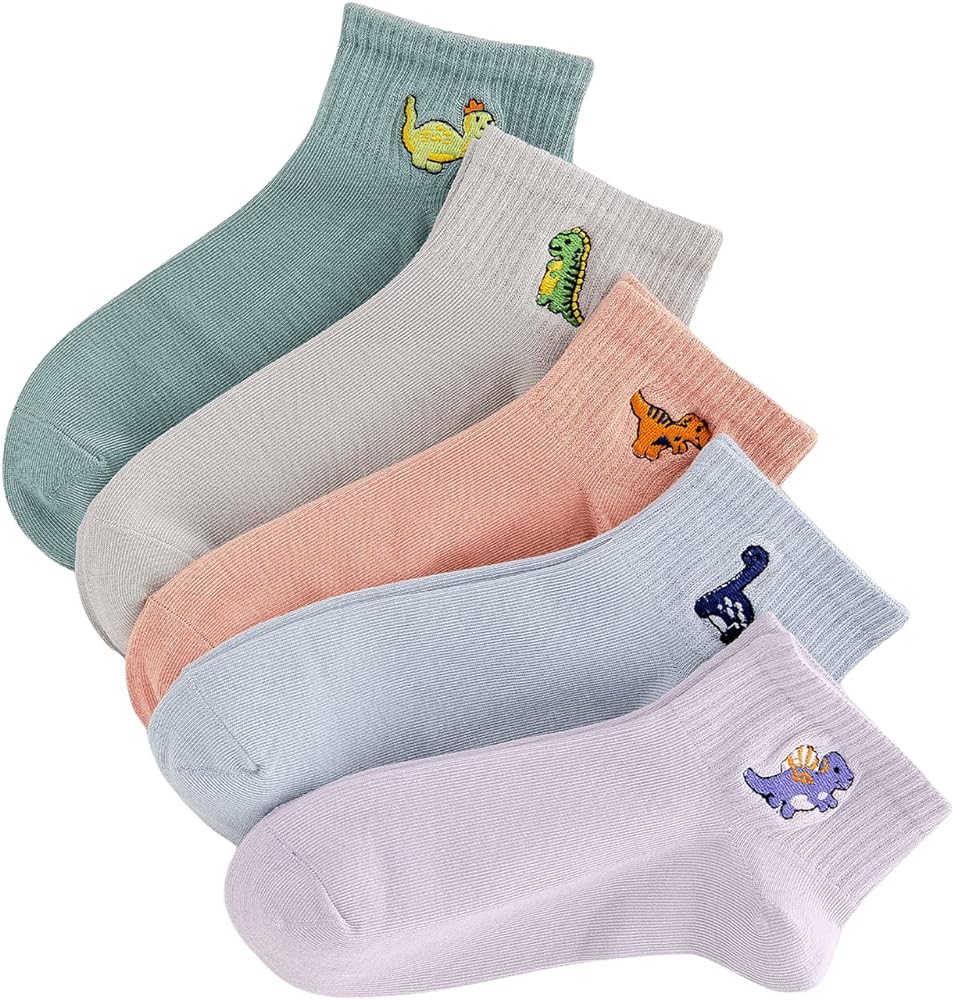 Verdusa Women's 5 Pairs Flower Embroidery Toe seamed Soft Crew Socks