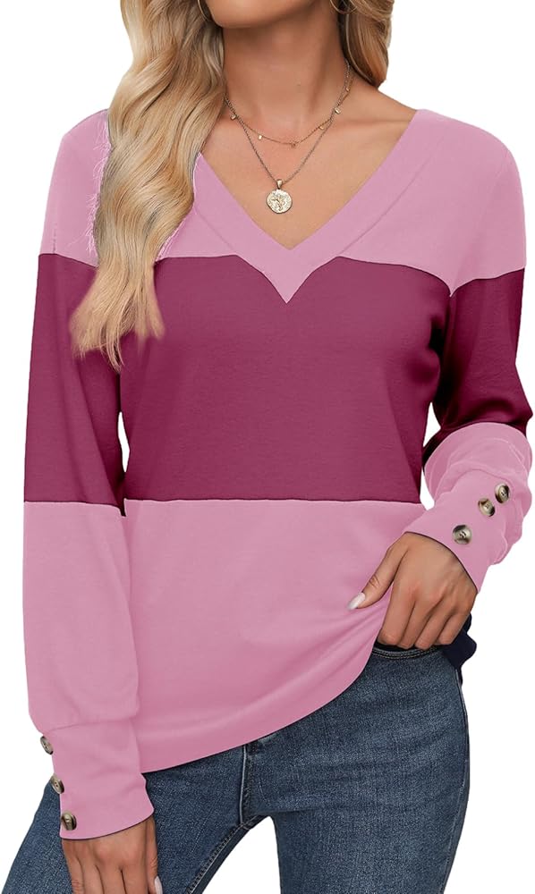 Dokotoo Womens Tops Color Block Long Sleeve Shirts V Neck Casual Loose Fit T Shirts Fall Tops Outfits Clothes 2024