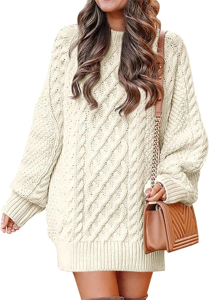 ANRABESS Women Long Sleeve Oversized Cable Knit Chunky Baggy Loose Pullover Tunic Mini Sweater Dress 2024 Trendy Fall Outfits