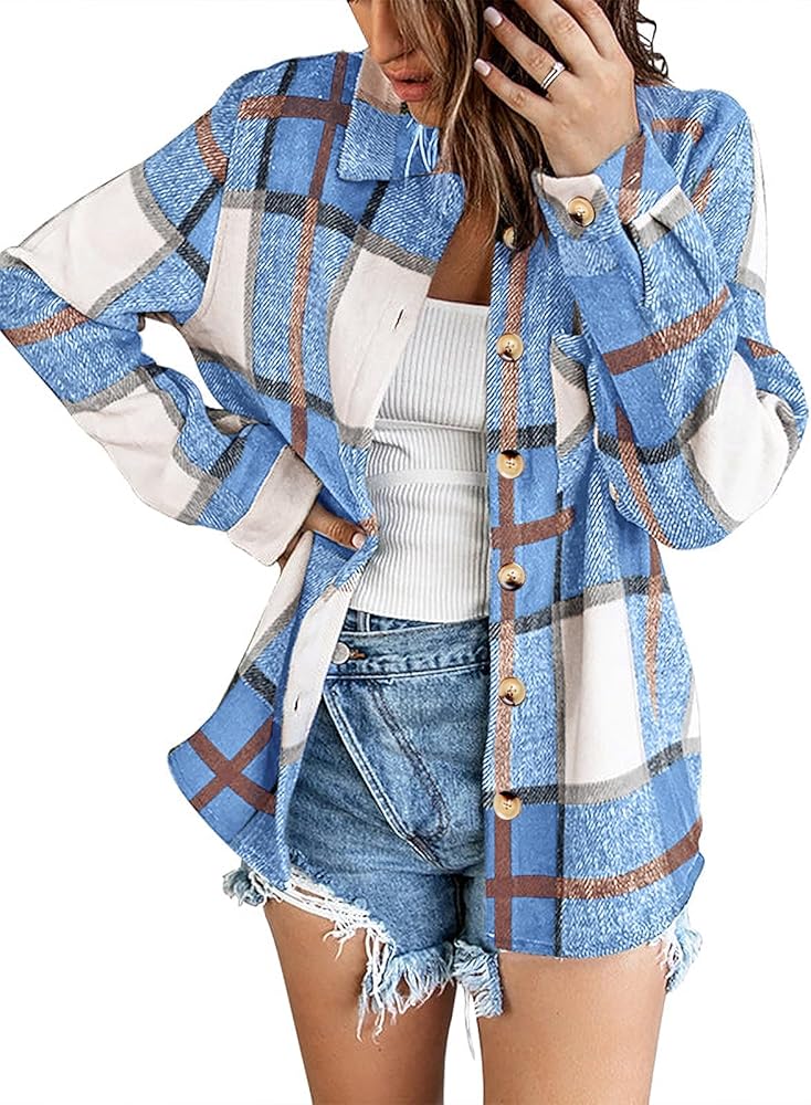 Zeagoo Women Flannel Shacket Jacket Plaid Button Down Long Sleeve Shirt Fall Outfits 2024