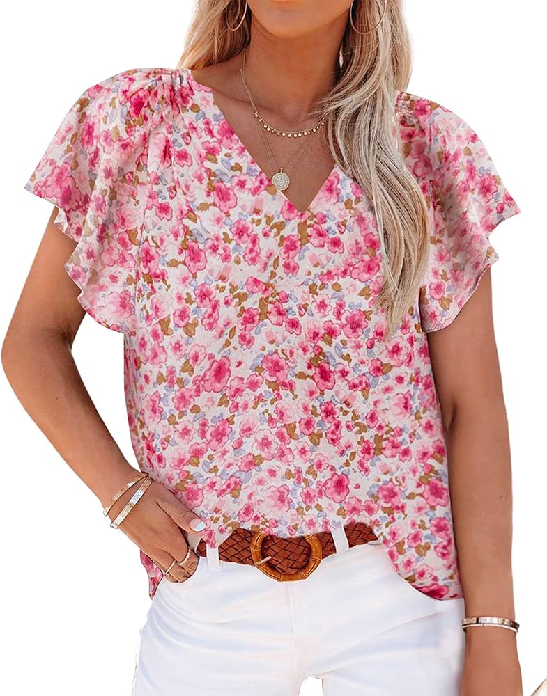 BTFBM Womens Short Sleeve Boho Shirts Spring Summer Resort Outfits Lightweight Chiffon Casual Flowy Beach Blouse Tops