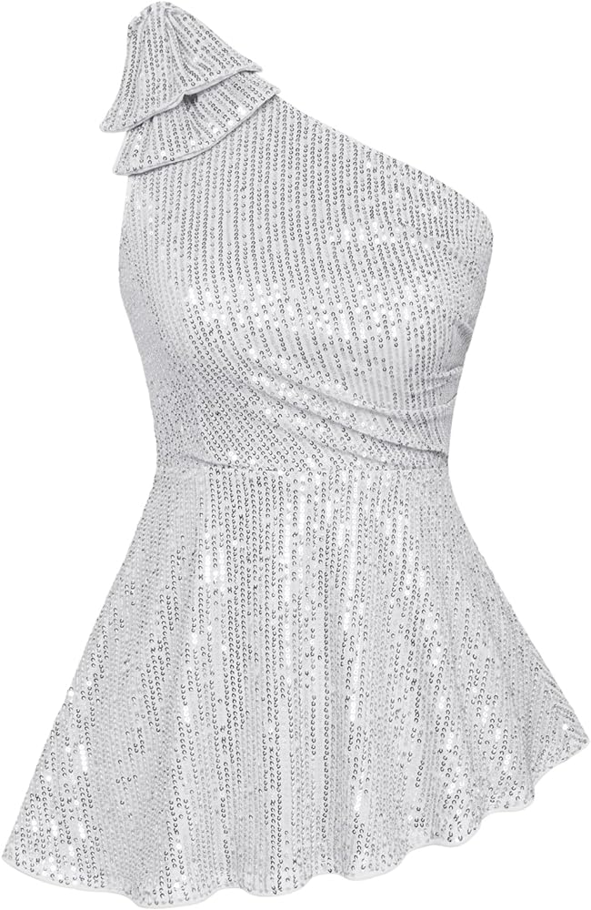 GRACE KARIN Sequin Tops for Women One Shoulder Sleeveless Dressy Sparkle Tops Ruched Sparkly Glitter Party Blouse