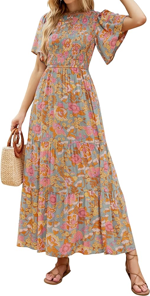 ZESICA Women's 2024 Summer Casual Floral Print Short Flutter Sleeve Crew Neck Smocked High Waist Flowy Maxi Dress