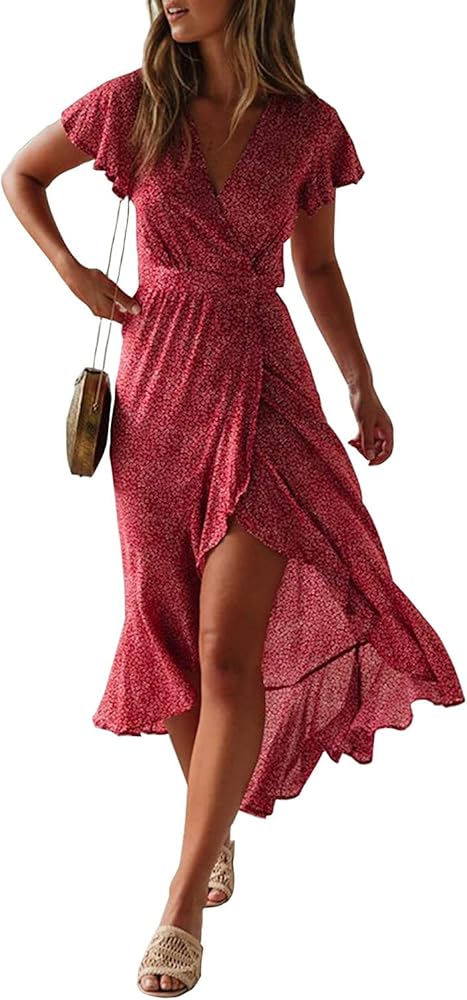 ZESICA Women's 2024 Bohemian Floral Printed Wrap V Neck Short Sleeve Split Beach Party Maxi Dress