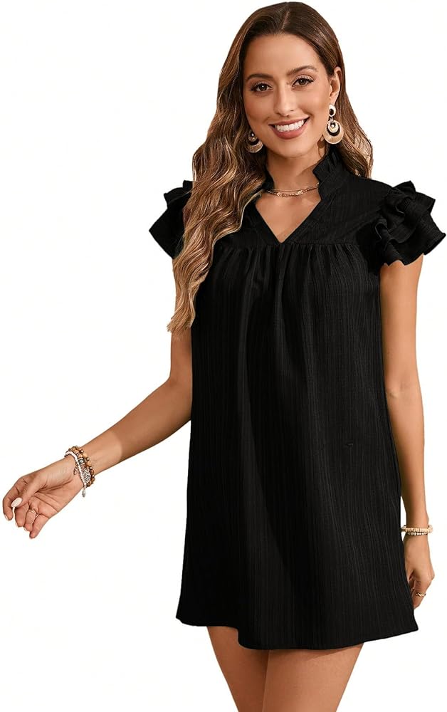 SOLY HUX Women's V Neck Ruffle Cap Sleeve Tunic Mini Dress Deep V Neck Loose Summer Dresses