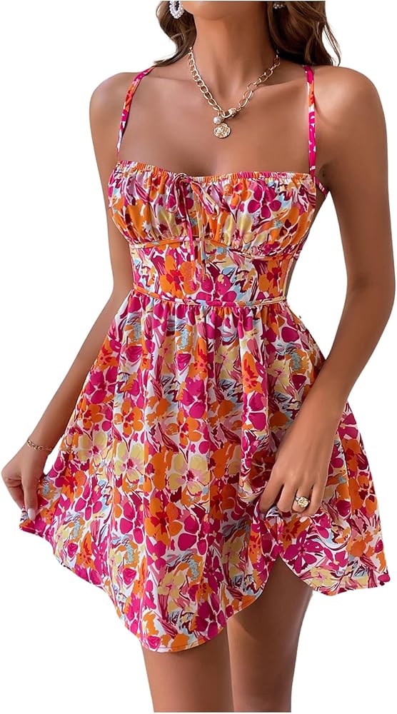 WDIRARA Women's Summer Floral Print Ruched Tie Backless Slip Dress Flared Hem A Line Short Cami Dress