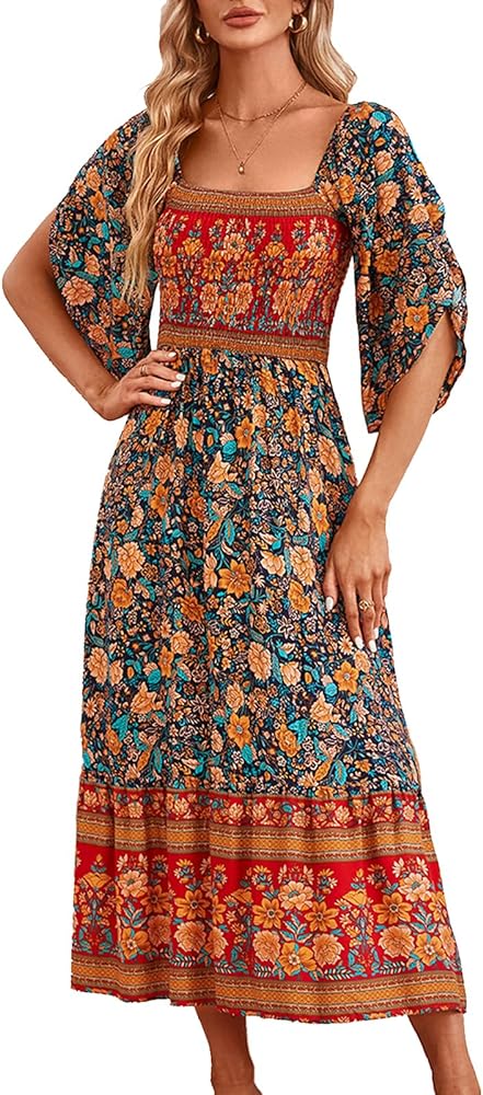 Women's Long Maxi Dress Sexy Off Shoulder Floral Dress Ruffle Short Sleeve Smocked Flowy A Line Boho Dress