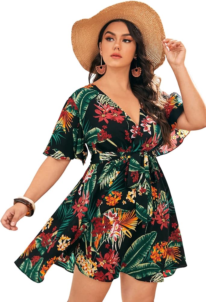 Floerns Women's Plus Size Tropical Print V Neck Short Sleeve Belted Short Dress