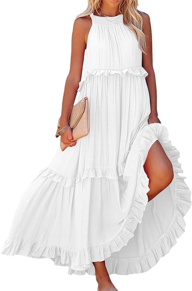 Maxi Dresses for Women 2024 Elegant Loose Flowy Tiered Ruffle Dress Summer Swing Beach Dresses with Pockets