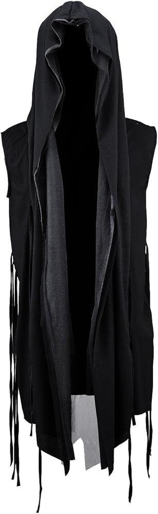 Cloak with Hood Mens Sleeveless Mesh Layered Cut Off Open Vest Dark Goth Cardigan Black