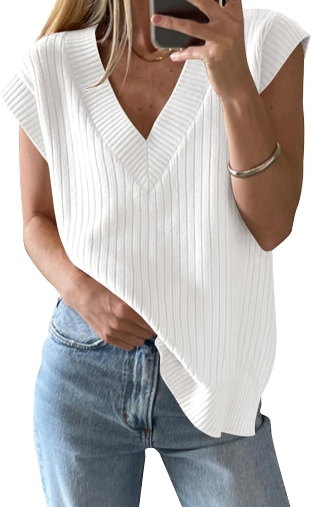 Saodimallsu Womens V Neck Sweater Vest Oversized Ribbed Knit Sleeveless Casual Loose Fit Pullover Tank Top