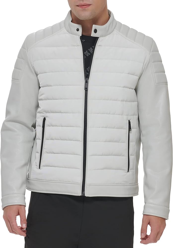 DKNY Men's Mixed Media Faux Leather Puffer Motocros Racer Jacket