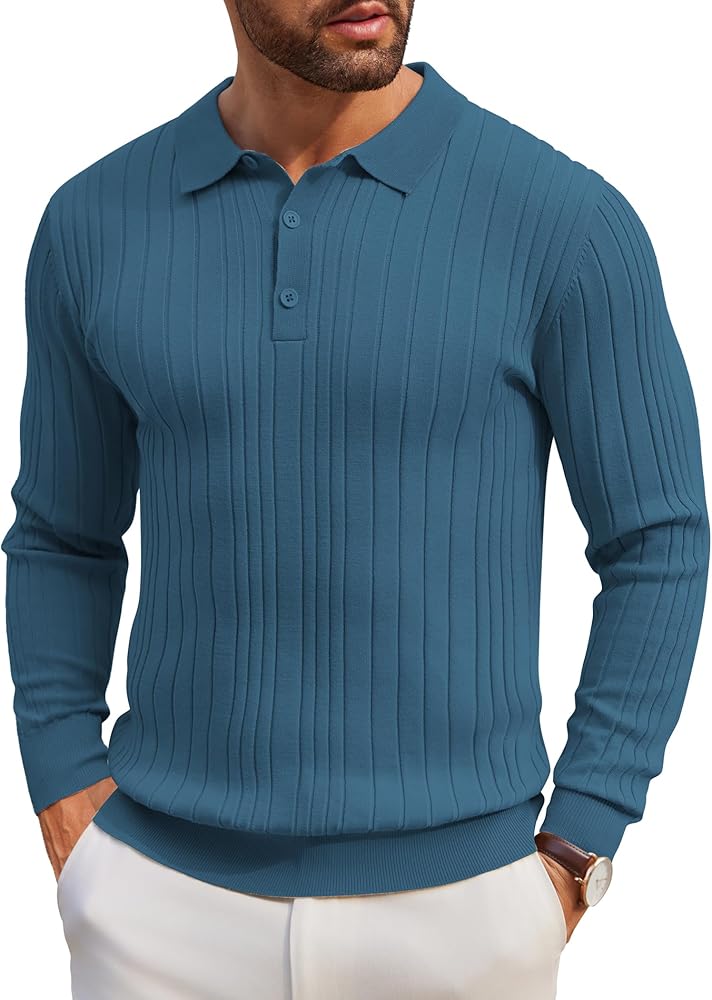 COOFANDY Men's Knit Polo Shirts Long Sleeve Casual Button Down Ribbed Polo Shirt Fashion Golf Shirts