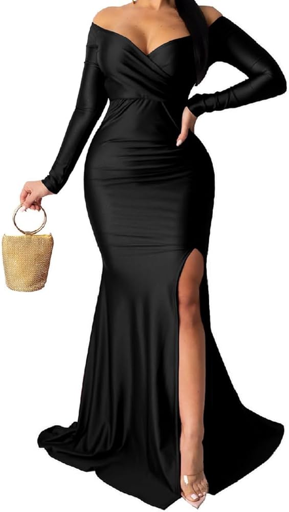 A ADILACA Women's Off Shoulder High Split Long Formal Party Maxi Dress, Off Shoulder High Split Dress