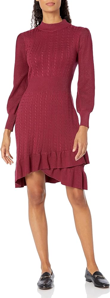 London Times Women's Mock Neck Cable Knit Flounce Hem Dress Office Workwear Desk to Dinner Guest of