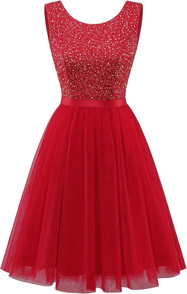 BeryLove Sequin Dress Vintage A Line Wedding Formal Swing Tulle Dress Sleeveless Cocktail Mini Dress