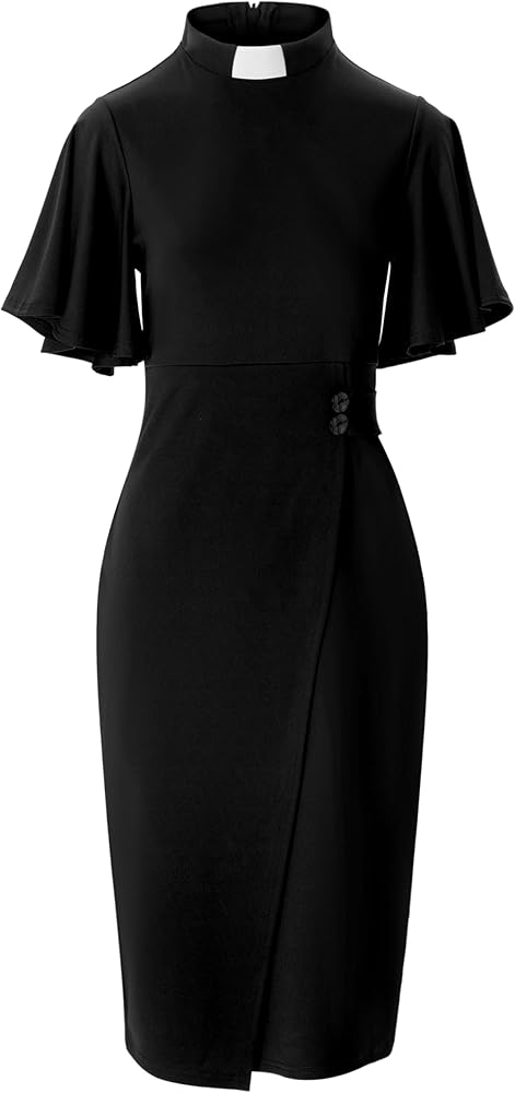 Black Church Dress for Women Short Ruffle Sleeve Clergy Dress Tab Insert Collar Priestess Dress