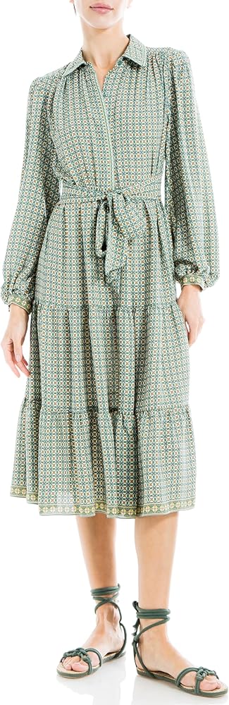 Max Studio Women's Long Sleeve Tiered Midi Shirt Dress