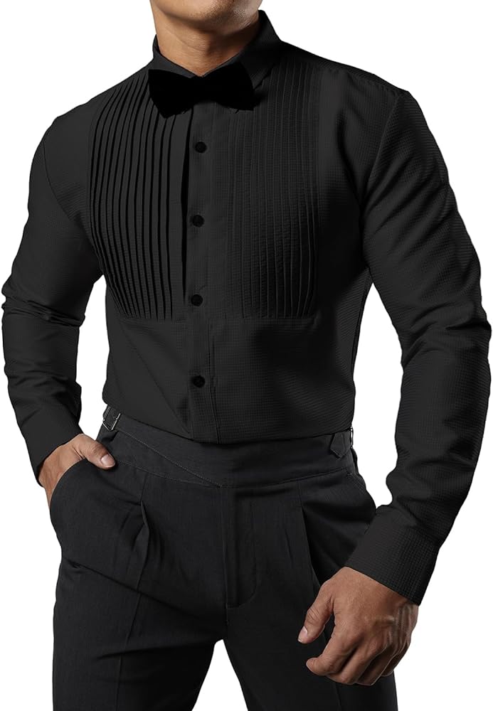 JOGAL Men's Pleated Tuxedo Shirt Long Sleeve Button Down Formal Dress Shirts with Bow Tie