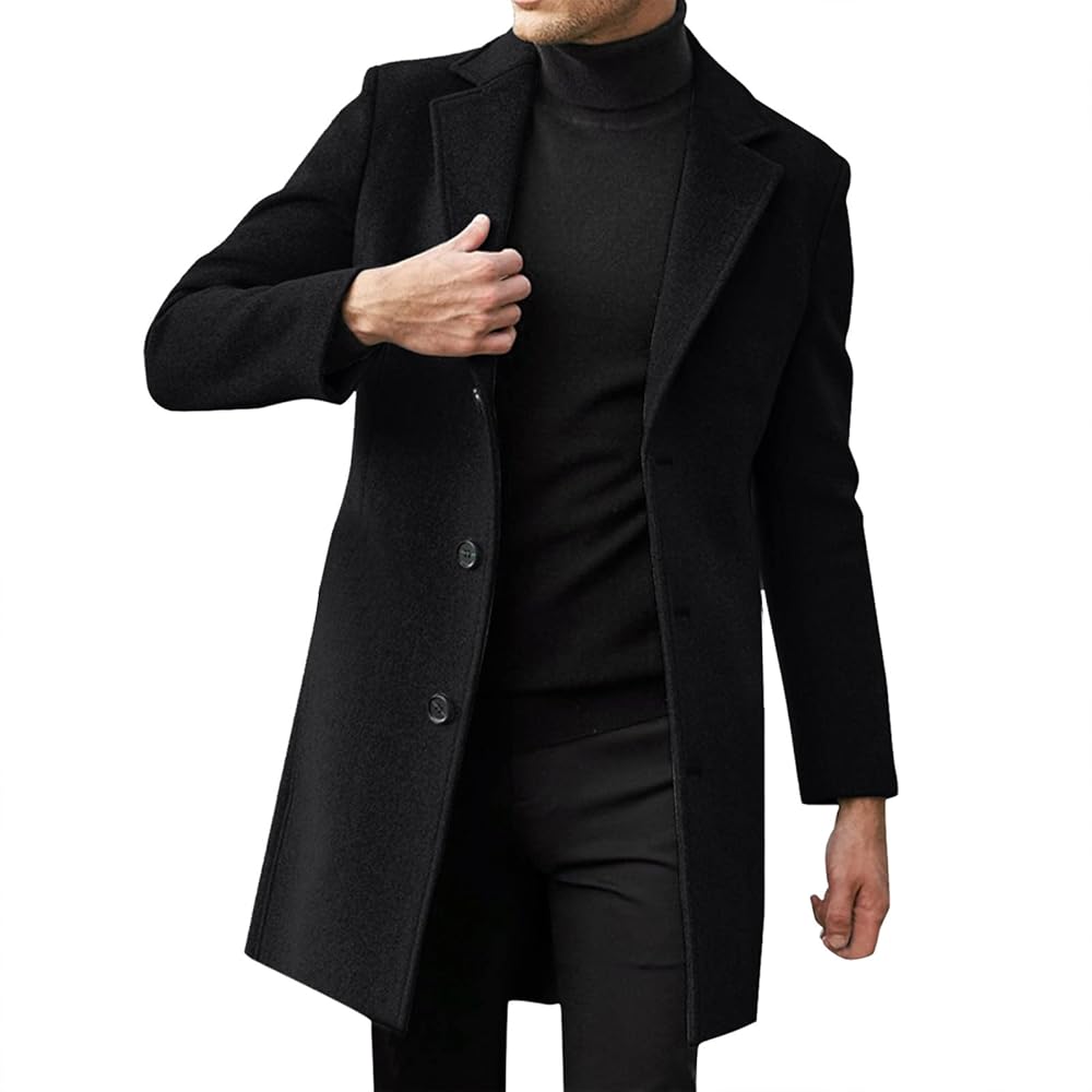 Mens Trench Coat Wool Blend Lapel Jacket Mid Long Classic Bussiness Peacoat Winter Thermal Casual Slim Fit Overcoat