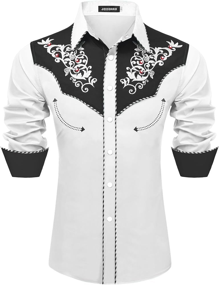 Men's Long Sleeve Pearl Snap Shirt Rhinestone Cowboy Cut Western Embroidered Casual Button Down Shirt