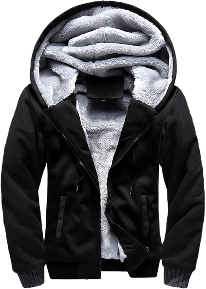 Men's Outerwear Jackets & Coats Fashion Warm Fleece Lined Zip Up Hoodie Casual Solid Color Long Sleeve Hooded Jackets Coat Outerwear Men Clothing(B-Black,M)