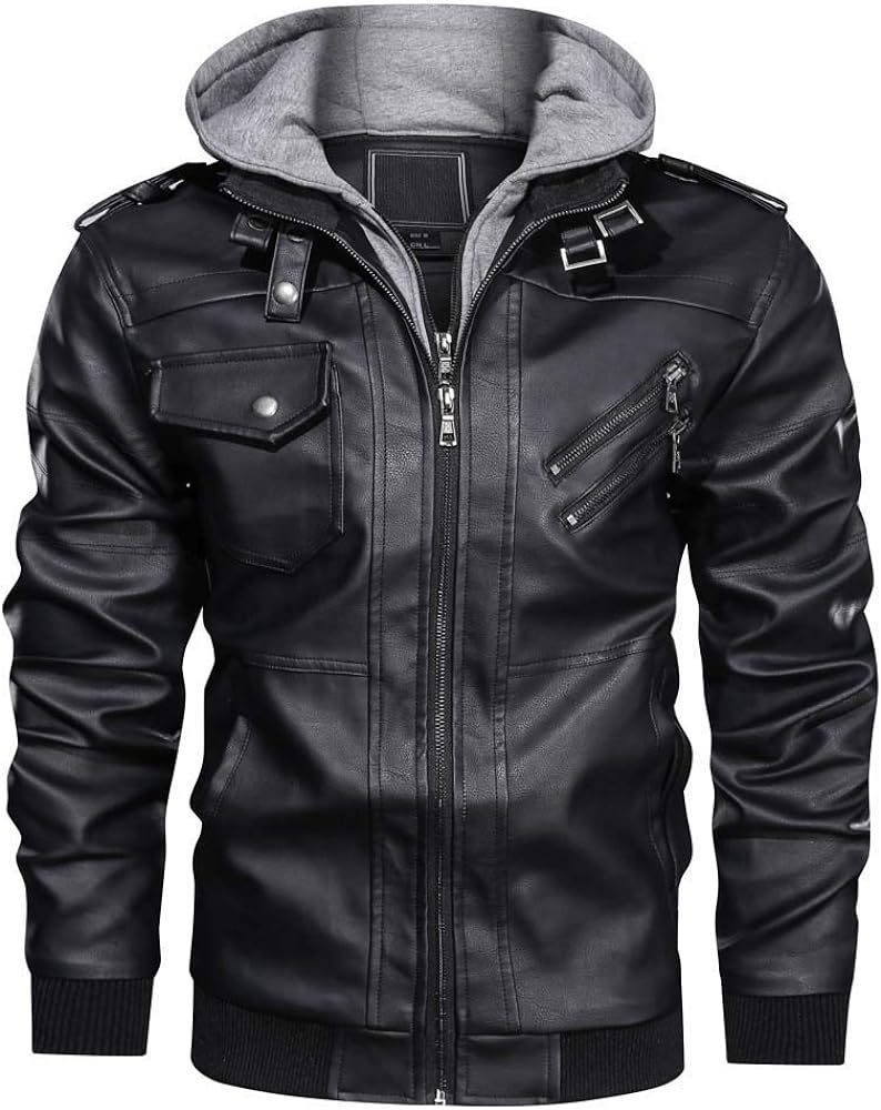 CRYSULLY Men's Leather Jacket-Fall Winter Vintage Motorcycle Biker Jacket with Removable Hood