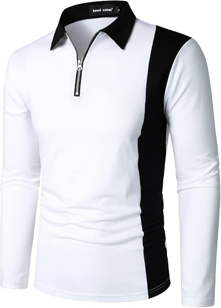 HOOD CREW Mens Long Sleeve Polo Shirts Fashion Color Block Zipper T shirts