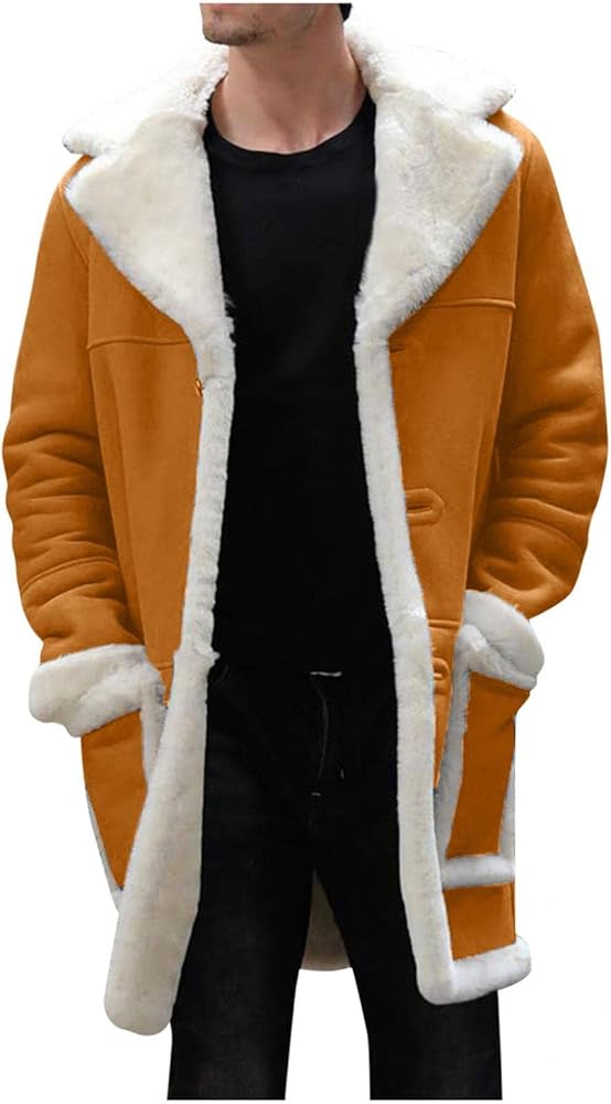 Mens Casual Sherpa Fleece Lined Jackets Winter Warm Fur Collar Long Trench Coats Big and Tall Outwears with Pockets