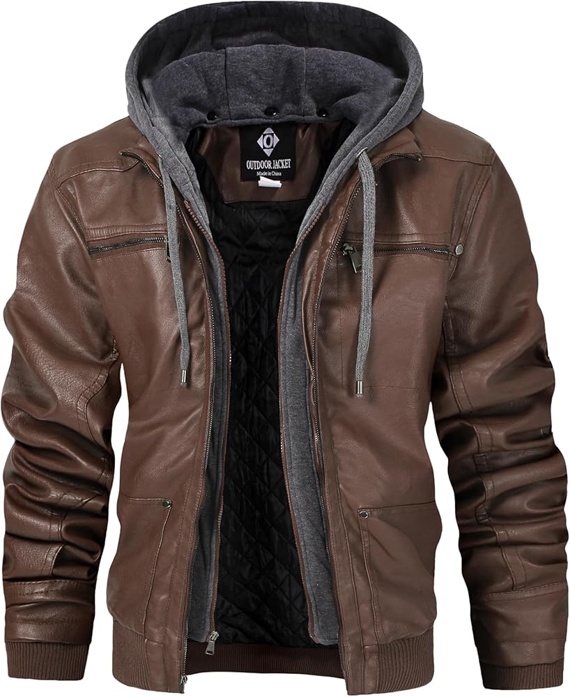 Men's Casual Faux Leather Motorcycle Bomber Jacket with Removable Hood, Stand Collar and Zip-Up Design