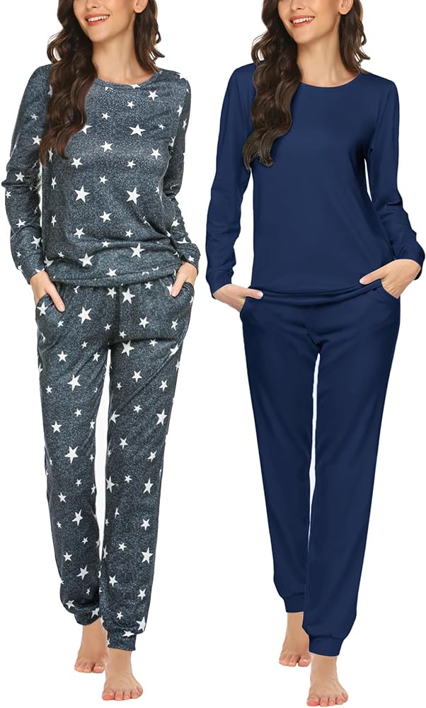 Ekouaer 2 Pack Women's Pajama Set Long Sleeve Top With Jogger Pants Lounge Sets Sleepwear Loungewear with Pockets