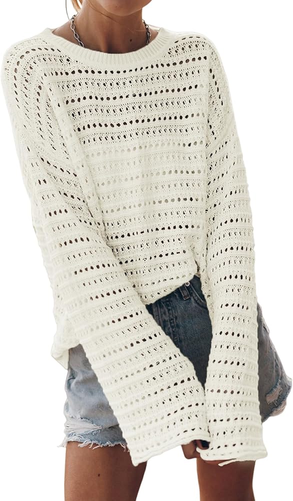 Sidefeel Womens Fall Outfit 2024 Lightweight Sweater Crochet Hollow Out Knit Spring Summer Clothes