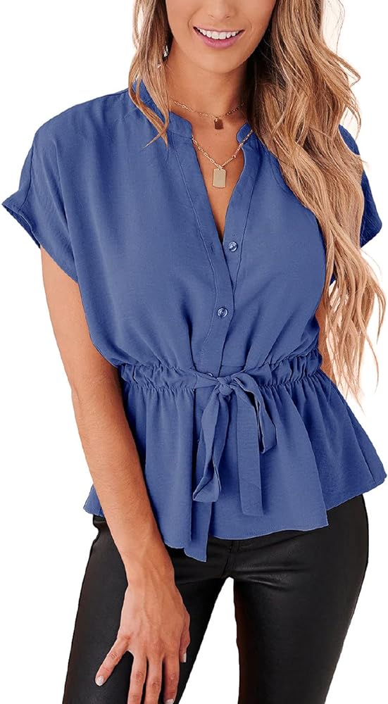 Womens Button Down Blouses Casual Peplum Summer Tops Dressy Chiffon Work Blouse