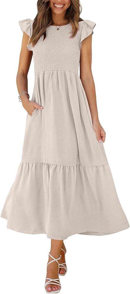 OFEEFAN Women's Casual Maxi Dresses with Pockets Ruffle Sleeve Smocked Dress XS-2XL