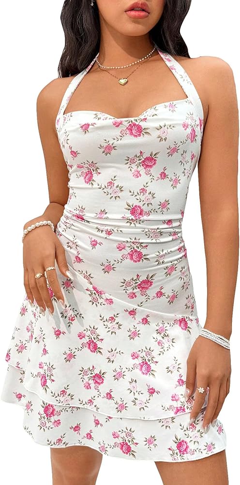 Floerns Women's Summer Halter Neck Floral Print High Waisted A Line Short Dress