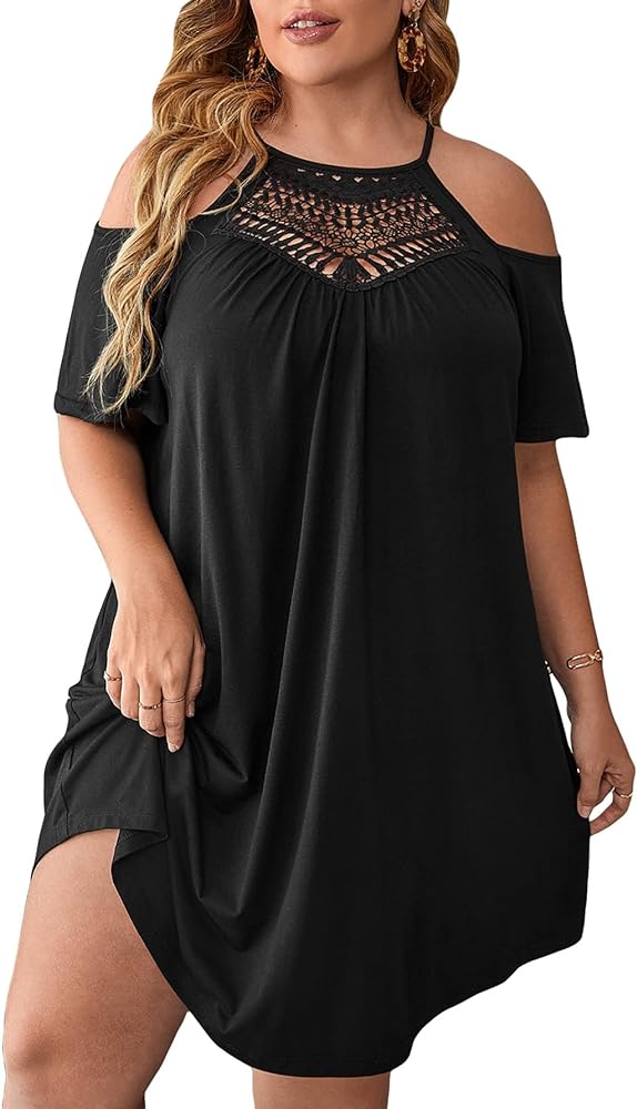 Verdusa Women's Plus Size Contrast Lace Cold Shoulder Short Sleeve Loose Tunic Dress