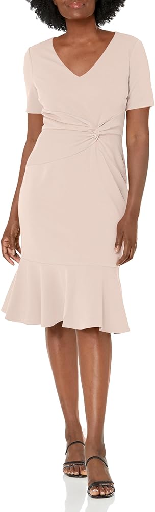 London Times Women's V-neck Polished Flounce Hem Twist Waist Detail Feminine Office Event Guest of