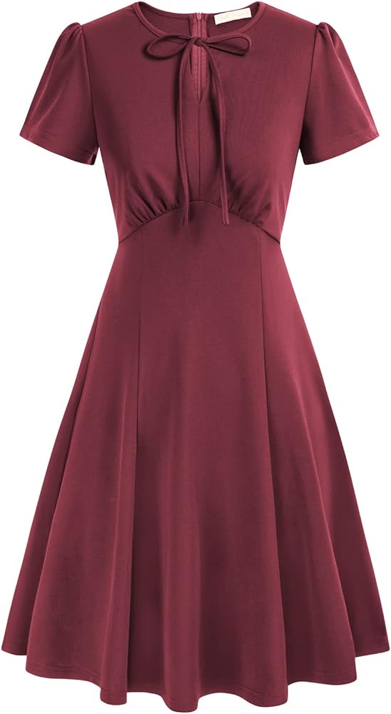 Belle Poque Women's 1940s Vintage A Line Swing Dress Keyhole Tie Dress Round Neck Work Dress Tea Dress