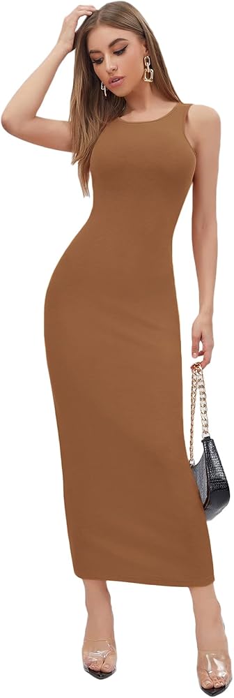 Verdusa Women's Basic Round Neck Sleeveless Solid Bodycon Maxi Long Dress