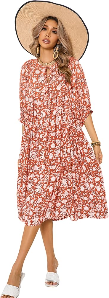 R.Vivimos Womens Summer Casual Midi Dress Lantern Sleeve Tie V Neck Boho Floral Print Loose Fit Flowy Long Dresses