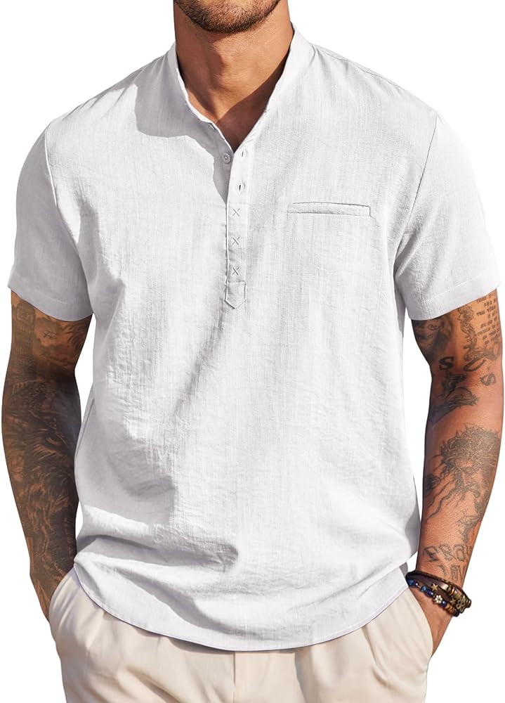 COOFANDY Men's Henley Shirts Band Collar Short Sleeve Shirt Casual Summer Beach Shirt Hippie T Shirt Fashion Hawaiian Shirt