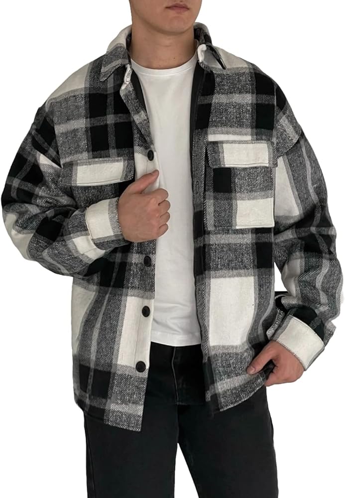 COWOKA Men's Casual Warm Plaid Wool Blend Jacket Fleece Relaxed Fit Button Up Long Sleeve Shacket Shirt Coat