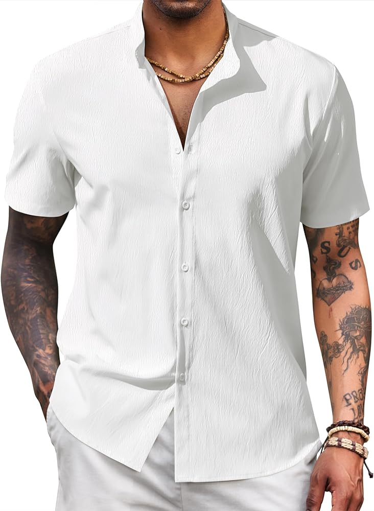 COOFANDY Men's Casual Button Down Short Sleeve Shirt Band Collar Shirts Textured Beach Summer Shirt