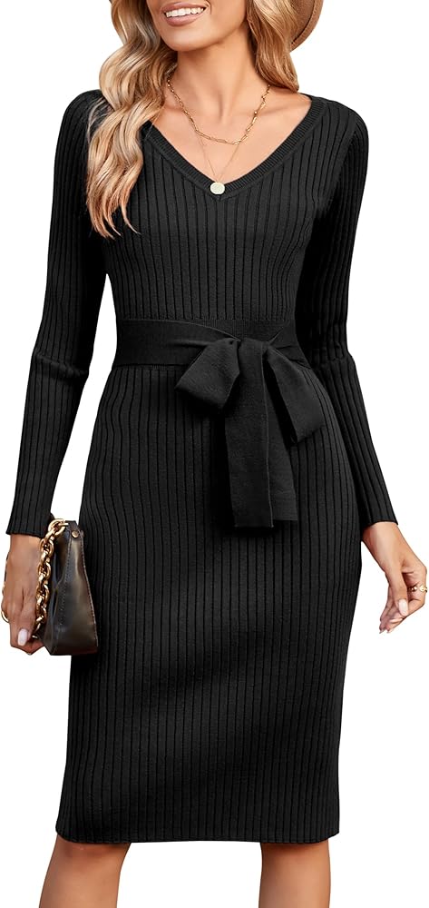 Newshows Womens 2024 Fall Sweater Dress Long Sleeve V Neck Business Casual Teacher Outfits A-Line Belted Dresses