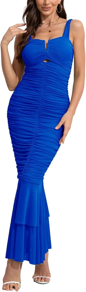 chouyatou Womens Strenchy Ruched Bodycon Cocktail Party Dress Maxi Mermaid Corset Dress Evening Gown