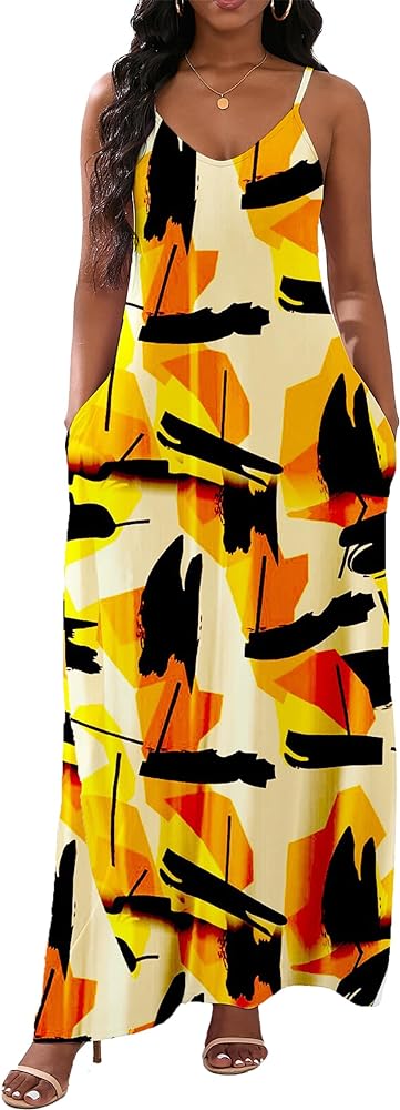 vunahzma Womens Maxi Dresses Adjustable shoulder strap Floral Printed Casual V Neck Loose Party Dress Beach Sundress