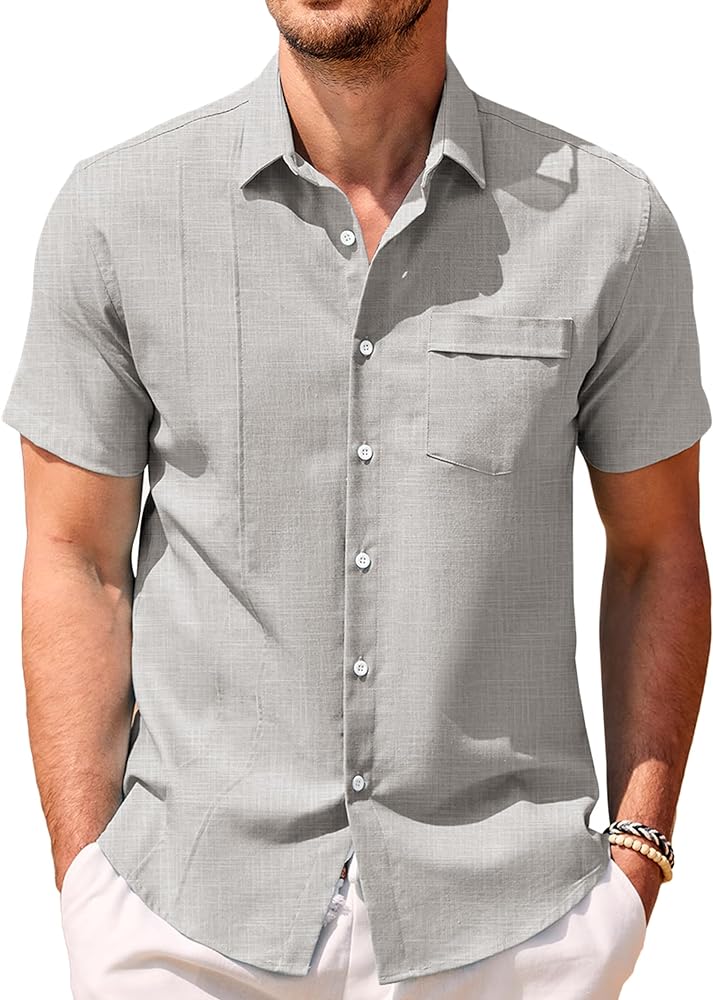 COOFANDY Men Cuban Guayabera Shirt Short Sleeve Button Down Shirts Casual Summer Beach Linen Shirts